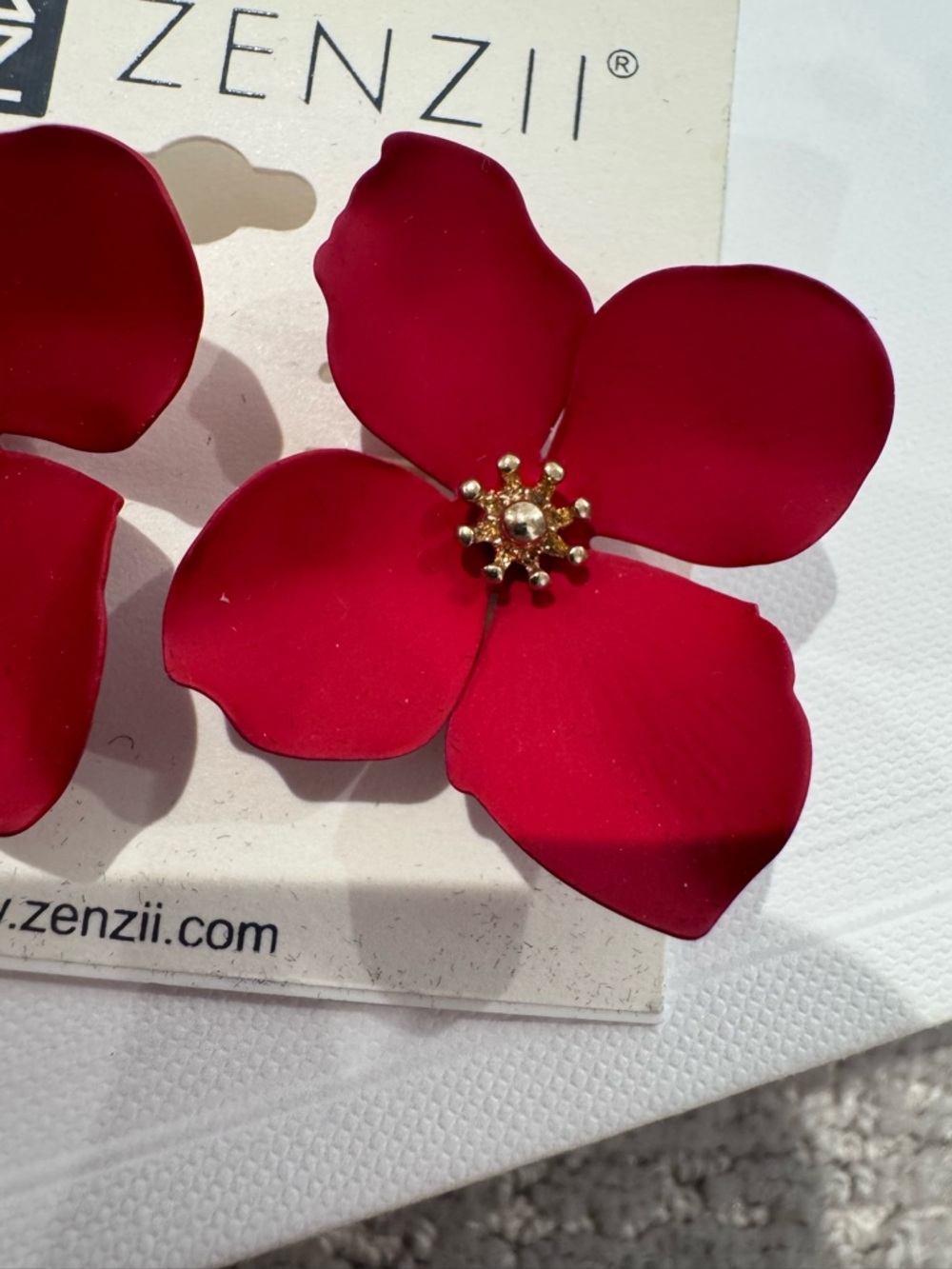 ZENZII Red Petal Floral Statement Earrings with Gold Center